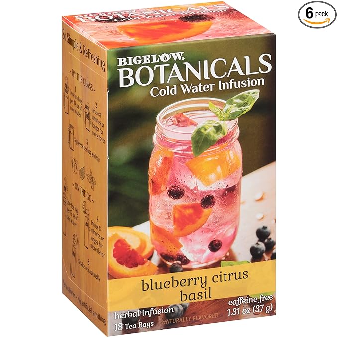 Bigelow Botanicals Cold Water Infusion Blueberry Citrus Basil Herbal Tea, Caffeine Free Tea with Blueberry Citrus Flavor, 18 Count Box (Pack of 6), 108 Total Tea Bags