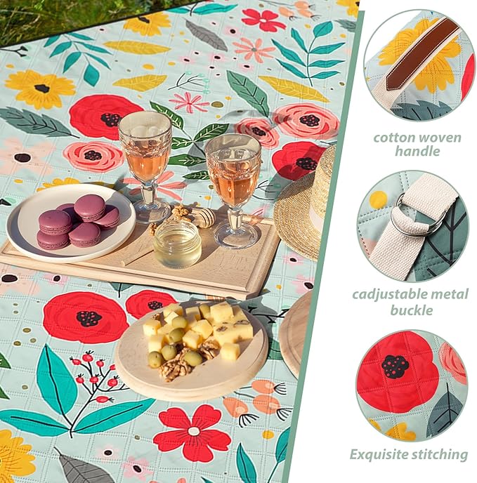 Beach Picnic Blanket Waterproof Sandproof Outdoor Blanket 80''x80'' Extra Large Floral Portable Machine Washable 3 Layer Thick Gingham Picnic Mat for Beach Camping Park Grass(Green)