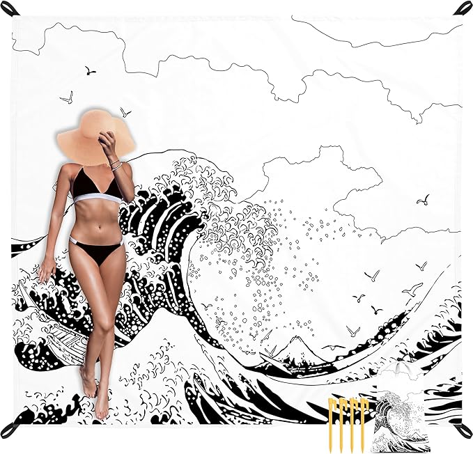 Beach Blanket, Waterproof Sandproof Beach Mat with 4 Stakes & 4 Pockets, 78''×86'' Lightweight Outdoor Picnic Blanket for Travel, Camping, Hiking