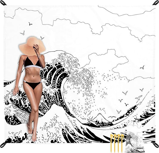 Beach Blanket, Large Sandproof & Waterproof Picnic Blankets, Quick Drying Sand Free Lightweight Beach Mat with 4 Stakes & Pockets for Outdoor Travel Camping Hiking Vacation Essentials - The Great Wave