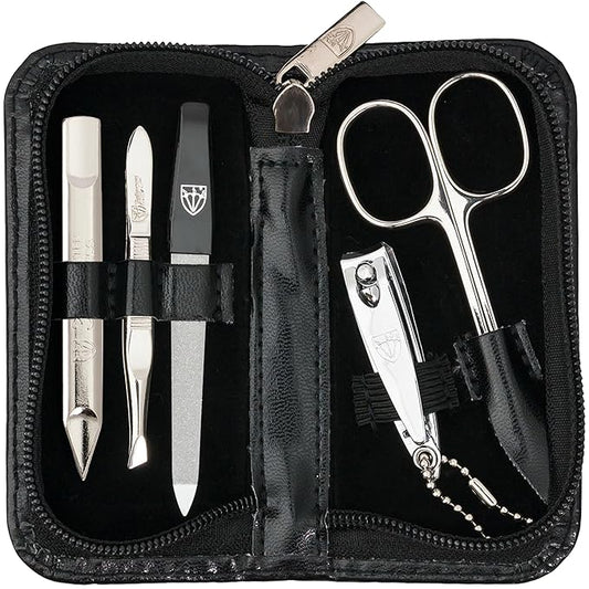 3 Swords Germany - brand quality 5 piece manicure pedicure grooming kit set for professional finger & toe nail care with synthetic leather case black - Made in Germany