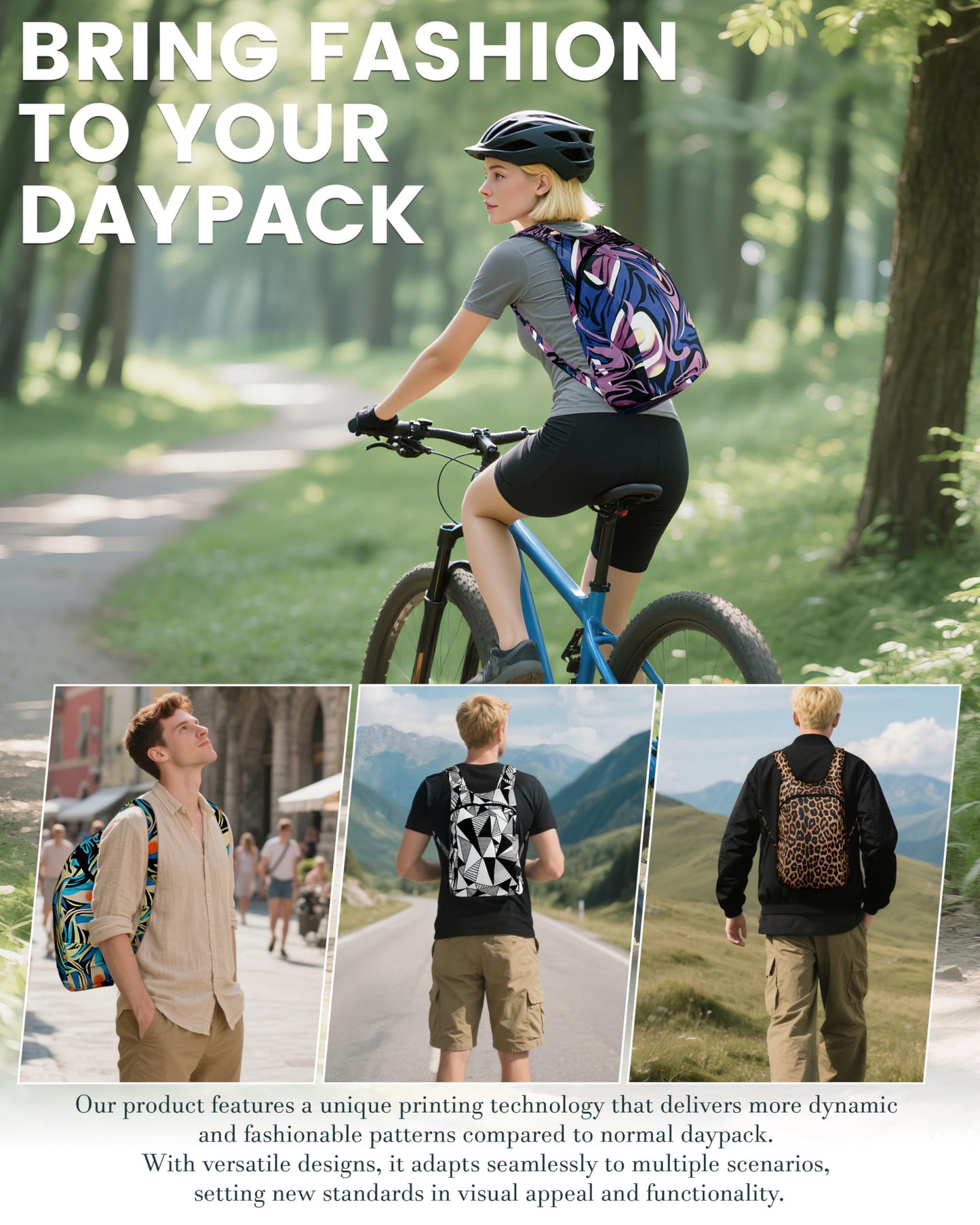 Kixhusa Pocket-Sized Hiking Daypack, Fashion patterns Lightweight 2.8oz, Water resistant Backpack for Women Men Camping (Tiger print)