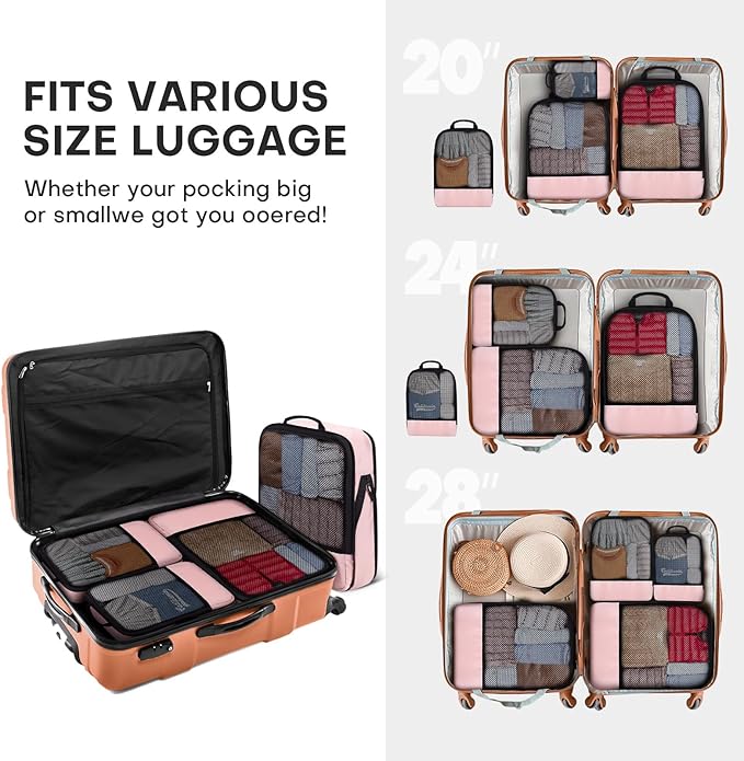 4 PCS Set Compression Packing Cubes for Travel, Lightweight Packaging Organizer Bags for Carry On Space Saving, Travel Essentials Cubes for Suitcase Backpack, Pink