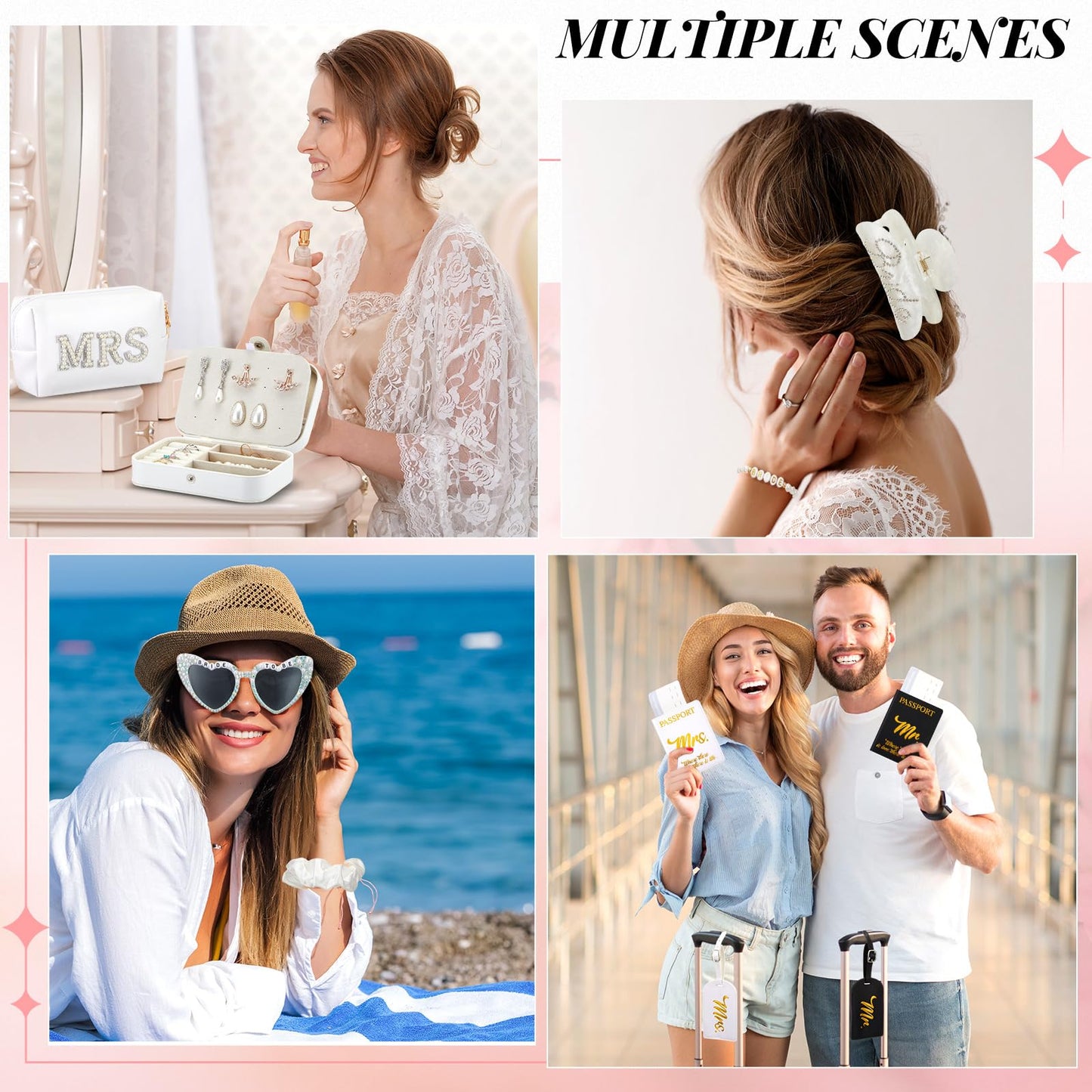 Dansydaisy 14 Pcs Bridal Shower Gifts Set Including Mrs Mr Travel Passport Tag Tote Cosmetic Bag Jewelry Box Claw Hair Clip Hair Tie Heart Sunglasses for Honeymoon Wedding Supplies(Women 7-8)