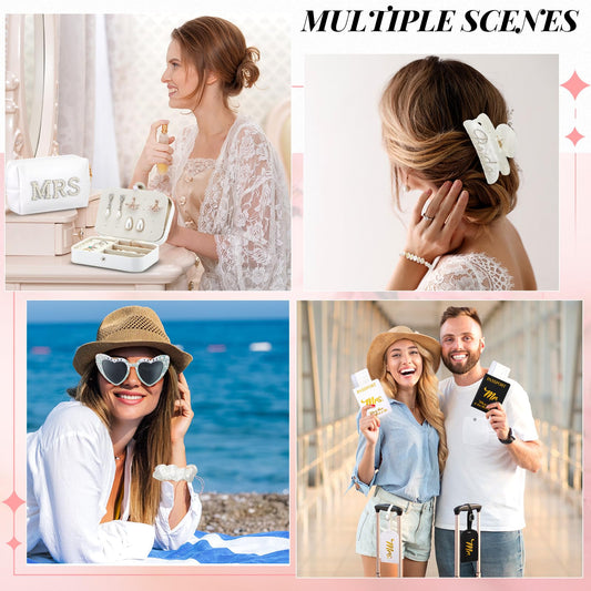 Dansydaisy 14 Pcs Bridal Shower Gifts Set Including Mrs Mr Travel Passport Tag Tote Cosmetic Bag Jewelry Box Claw Hair Clip Hair Tie Heart Sunglasses for Honeymoon Wedding Supplies(Women 7-8)