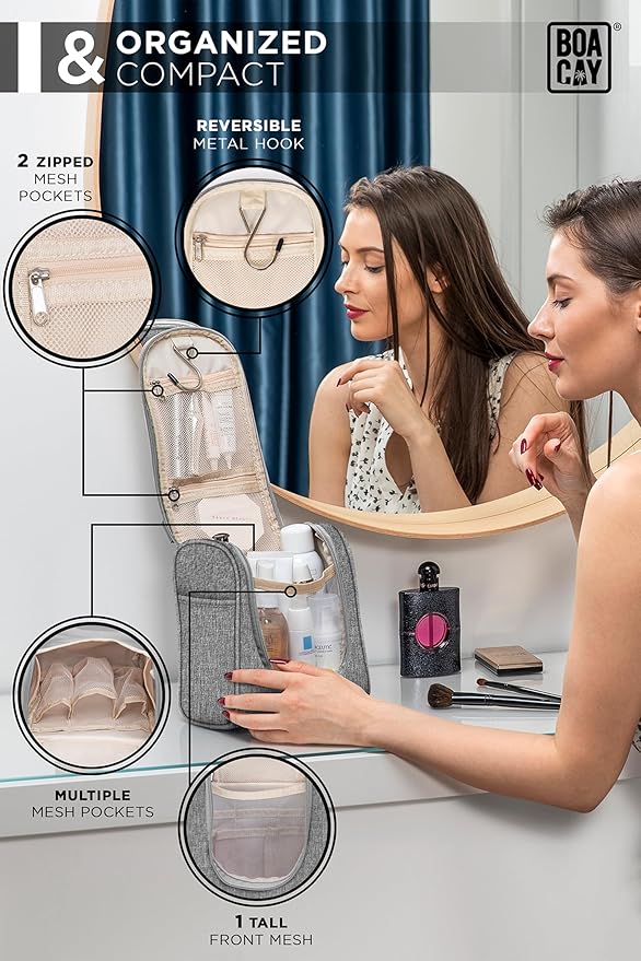 BOACAY Small Hanging Travel Toiletry Bag for Women and Men, Makeup Bag, Bathroom & Shower Organizer Kit for Accessories, Cosmetics, Travel Essentials