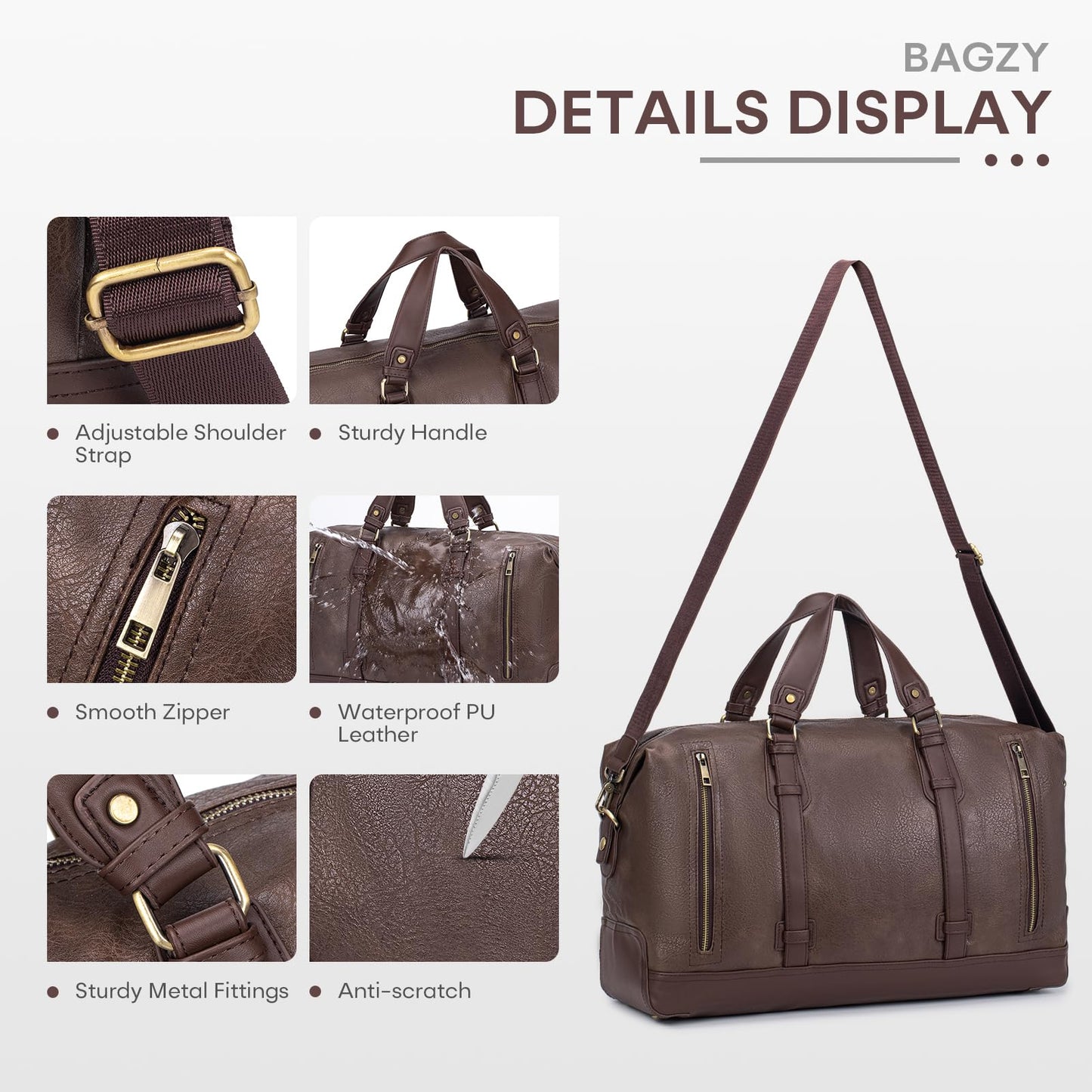 BAGZY PU Leather Travel Duffel Bag with Toiletry Dopp Kit Large Capacity Weekender Bag 25L Carry on Overnight Bag Sports Duffel Bag for Men or Women Black