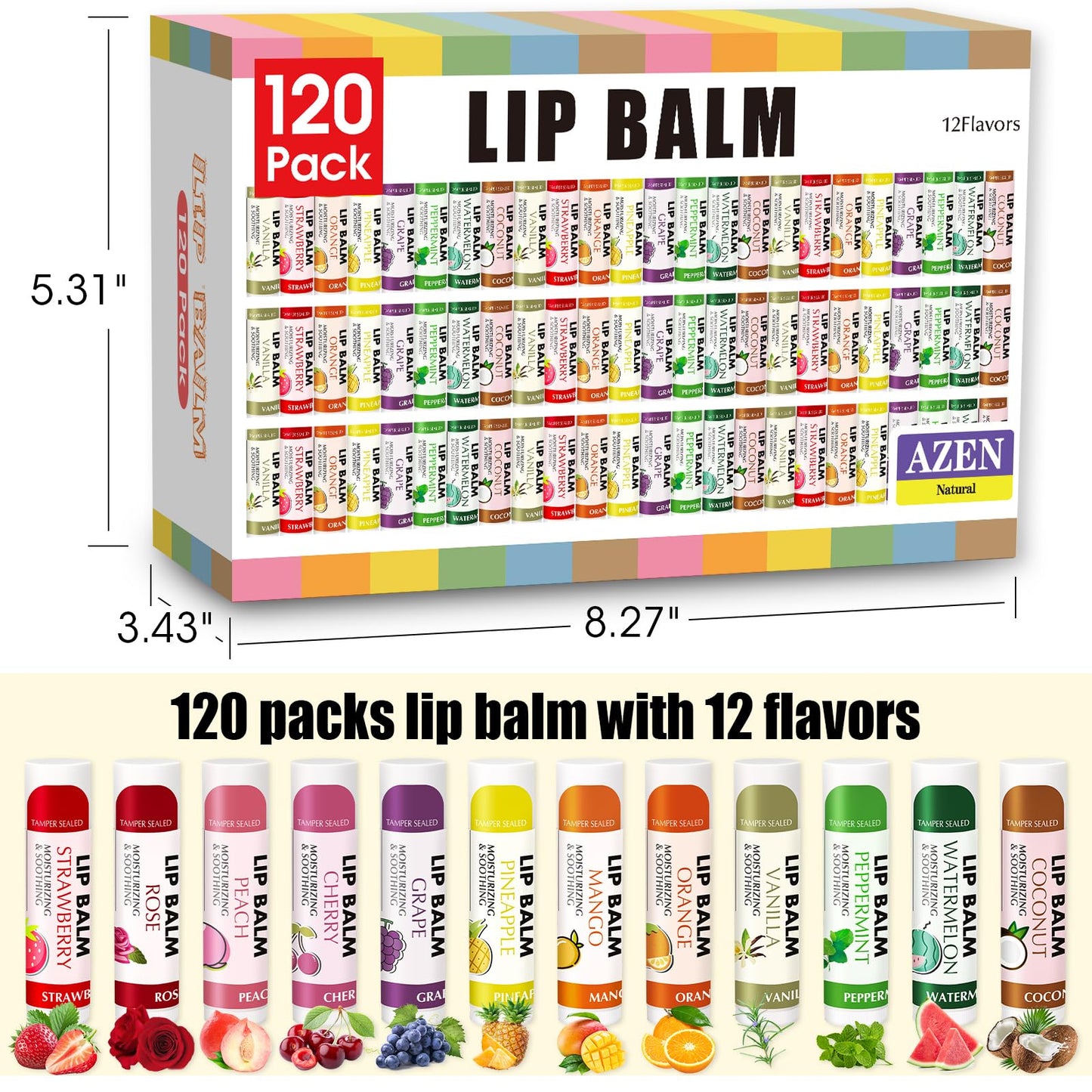 AZEN 120 Pack Lip Balm, Natural Lip Balm Bulk, Lip Care Product, Moisturizing Lip Balms for dry cracked lips - 12 Flavors