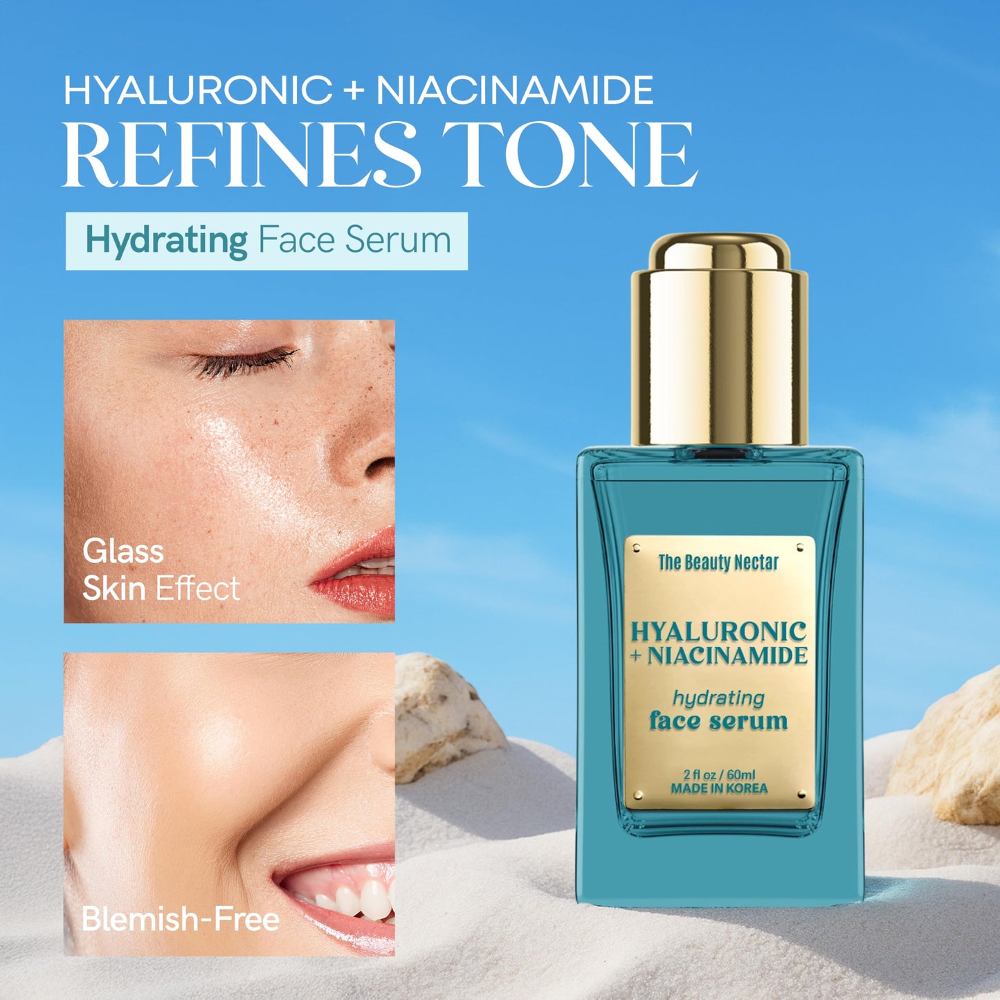 The Beauty Nectar Hyaluronic Acid & Niacinamide Face Serum – Deep Hydration, Skin Barrier Repair, Tone Correcting – Dermatologist Tested, Anti-Aging, Korean Skin Care – Clean Vegan Formula – 2 Fl Oz