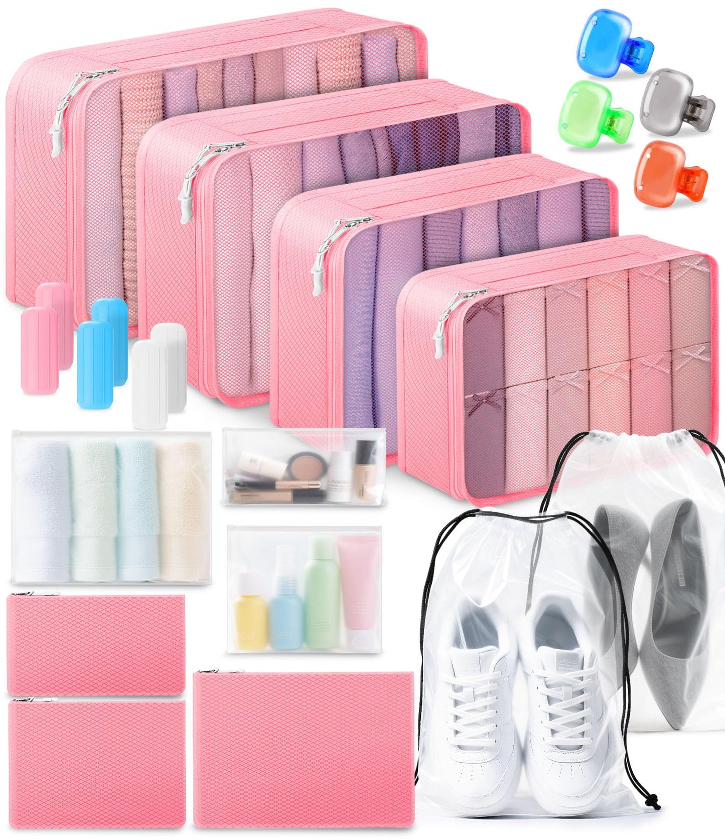 All-in-One 22 Pcs Packing Cubes for Travel Essentials –Includes Cubes,toothbrush covers，Silicone Bottle Cover,zipper bags, Matte Cosmetic Bag, Drawstring bag for Carry-On & Suitcase