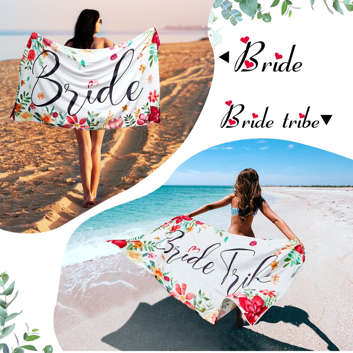 Mixweer 8 Pcs Bride Beach Towel Bridesmaids Beach Towel Set 60 x 30 Inch Bride Tribe Bridesmaid Gift for Wedding Honeymoon Bachelorette Engagement Party