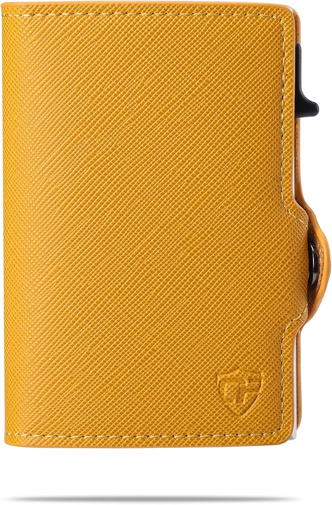 Card Blocr Womens Slim Wallet for Small Purses, Pop Up Wallet with Anti Theft RFID Blocking Credit Card Holder for Women in Orange PU Saffiano Leather