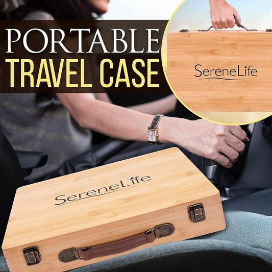 SereneLife Massage Stone Heater Box Set-Electric Spa Portable Heated Rocks Massage Stones and Warmer Set - Heat Rock Massaging Kit 12 Large/Small Black Stone Set w/Bamboo Heating Case PSLMSGST65.5