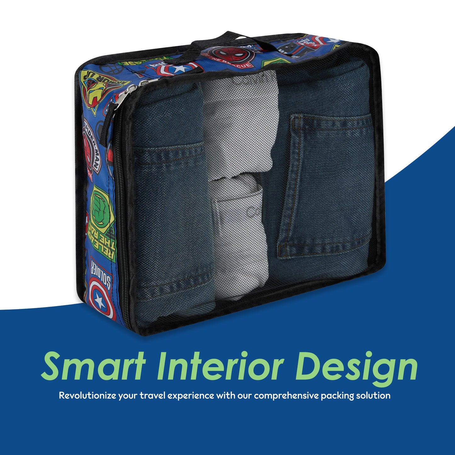 Marvel Comics 5-Piece Packing Cube Set - Spiderman, Ironman, Captain America - 5 Piece Packing Cubes Compression Travel Essential Accessories - Luggage Suitcase Organizer Set - For Kids, Adults