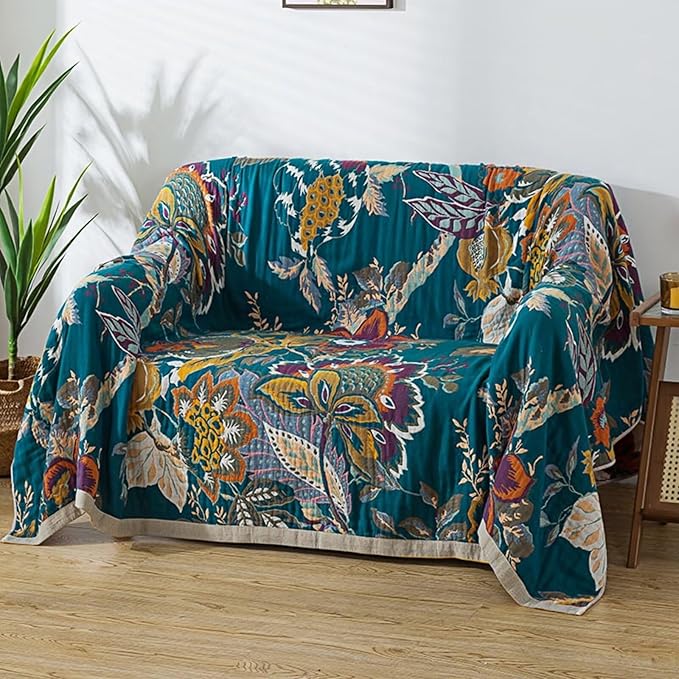 Boho Throw Blanket for Couch, Queen Size Bohemian Bedspread Blankets, Cozy Warm Lightweight Cotton Throw Blanket, Reversible Fall Blanket Floral Pattern, 80"X90"