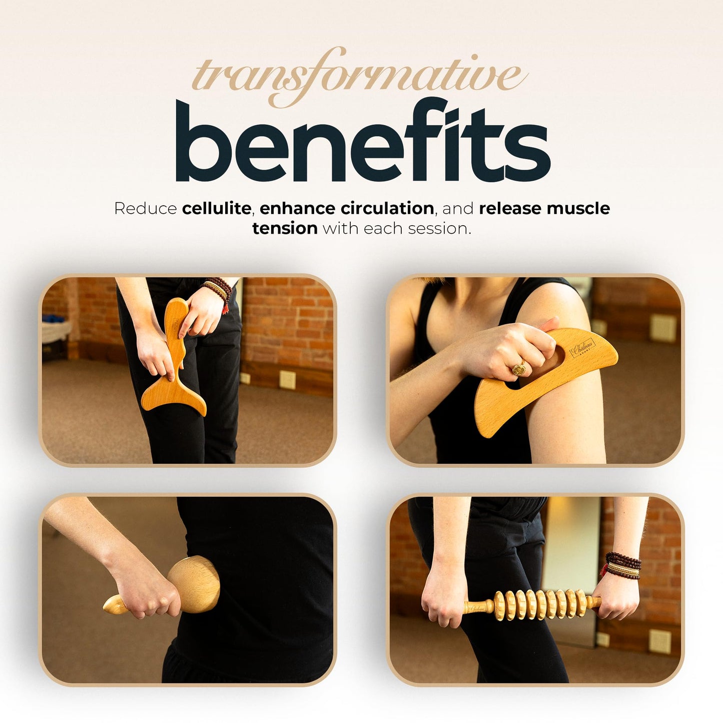 Château Avant Luxury Wooden Massage Tool Set, 5-Piece Lymphatic Drainage & Sculpting Kit – Cupper, Roller, Contouring Board, Scraper & Rope Roller