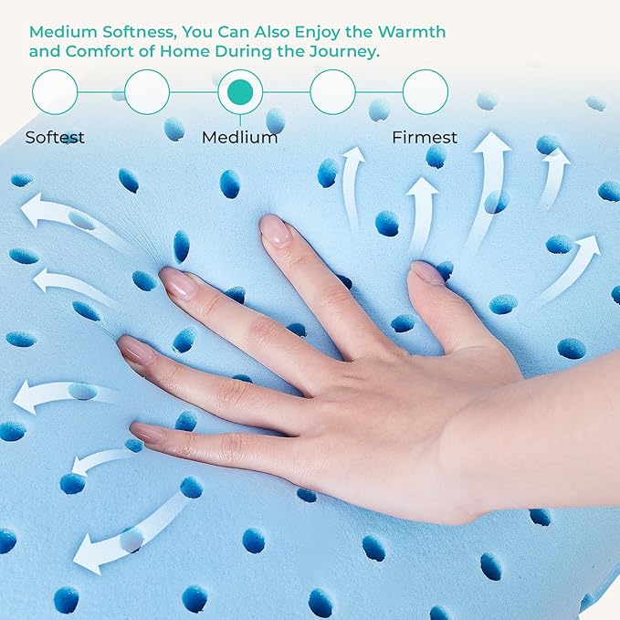 Travel Pillow Memory Foam Pillows, Camping Pillow-Compressible Medium Firm, Breathable Cover, Ideal Backpacking Hiking, Bed Pillows, Airplane and Car (Blue, S)