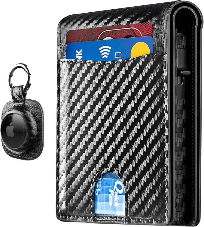 2025 Upgraded Minimalist Wallet for Men - RFID Blocking Credit Card Holder Case Leather Pop Up Aluminum Wallet with Cash Slot, Front Pocket ID Window Gift Boxed (Carbon Fiber - with Airtag Holder)