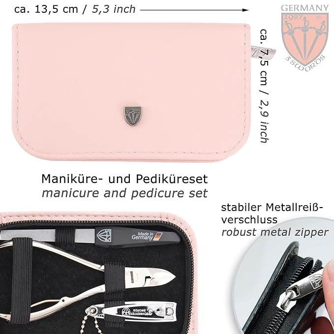 3 Swords Germany - brand quality 6 piece manicure pedicure grooming kit set fashion leather case light pink, Made in Germany