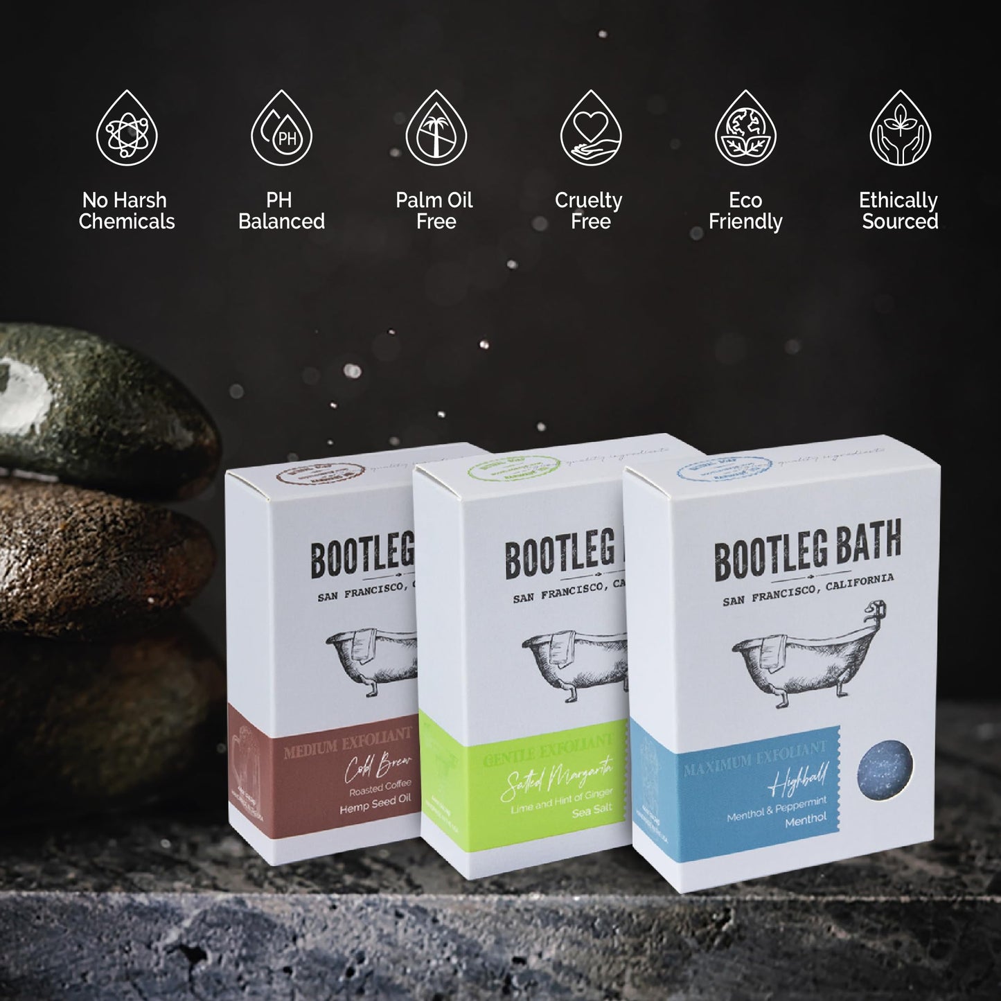 BOOTLEG BATH Natural Exfoliating Bar Soap- Variety Pack Hydrating and Moisturizing Skincare for Men and Women, Cold Brew, Menthol, Citrus, Eco Friendly, Hand Made in USA, 4.4 oz Each Bar