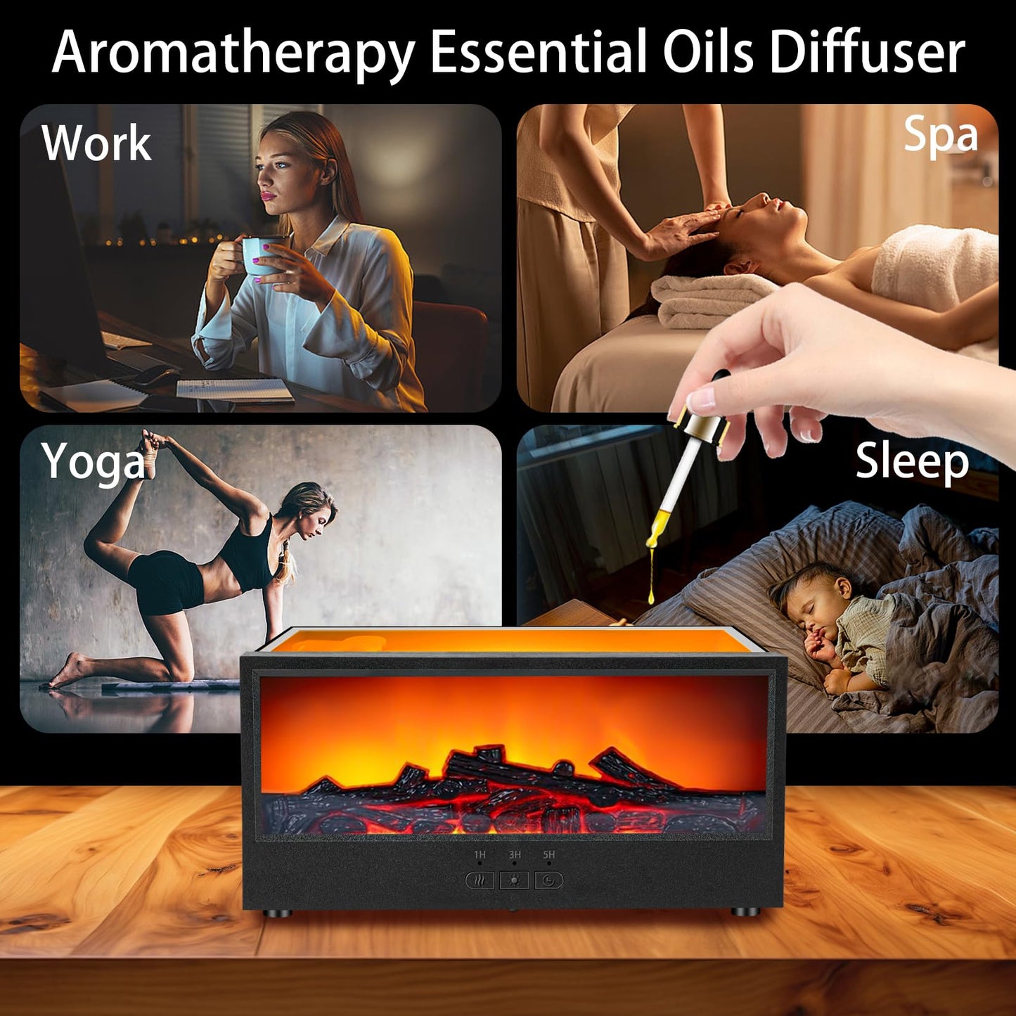 ONLYFU Mini Fireplace Aromatherapy Diffuser 7 Color Lights Fireside Bonfire Flame Air Humidifier for Home 150ml Timer & Auto-Off Essential Oil Diffuser with Remote for Spa, Yoga, Office (Black)