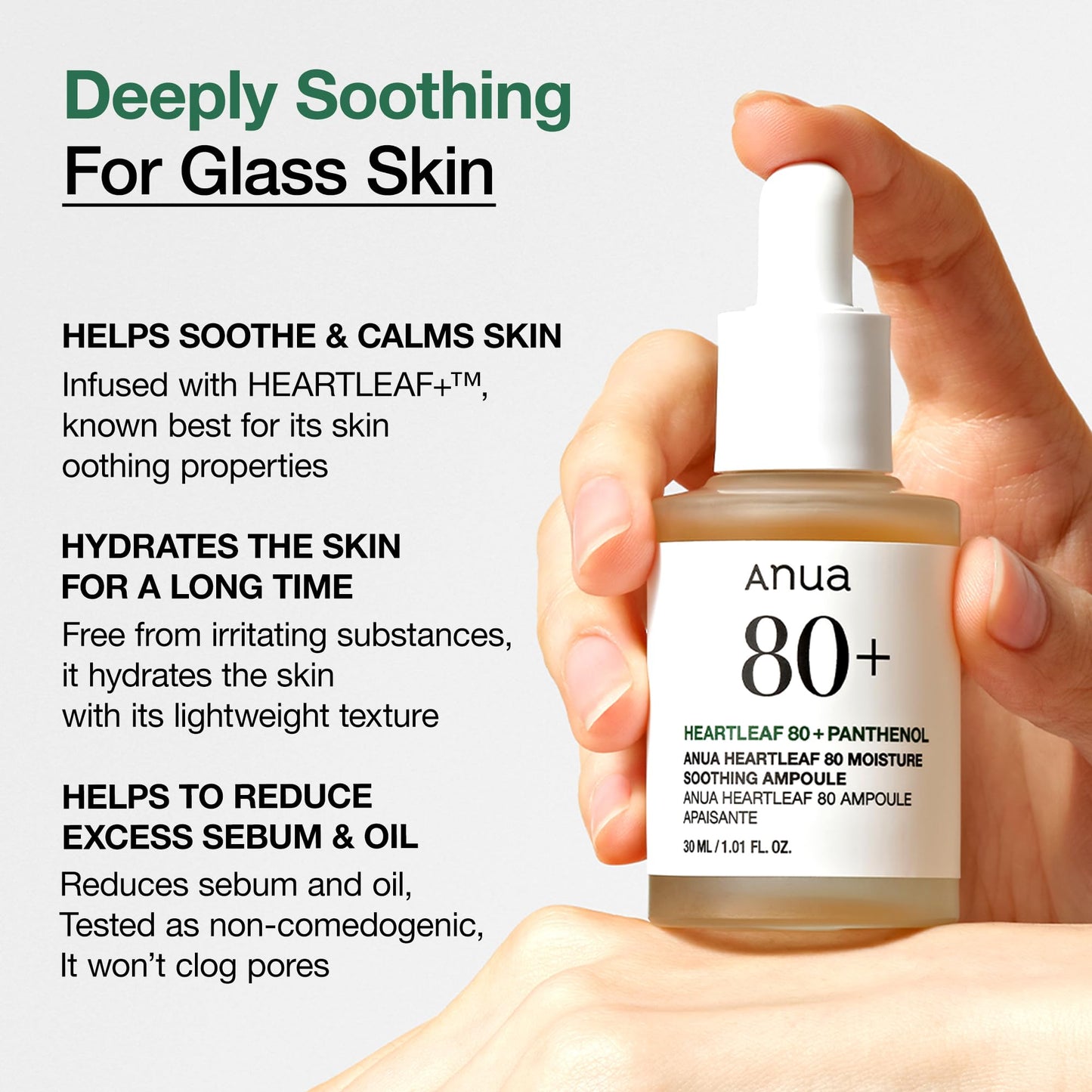 Anua Heartleaf 80 Soothing Ampoule, Hydration Facial Serum for Glass Skin, Panthenol, Hyaluronic Acid, Non-Greasy, Gentle Formula, Lightweight Essence, Vegan, Korean Skin Care, 30ml/1.01 fl.oz
