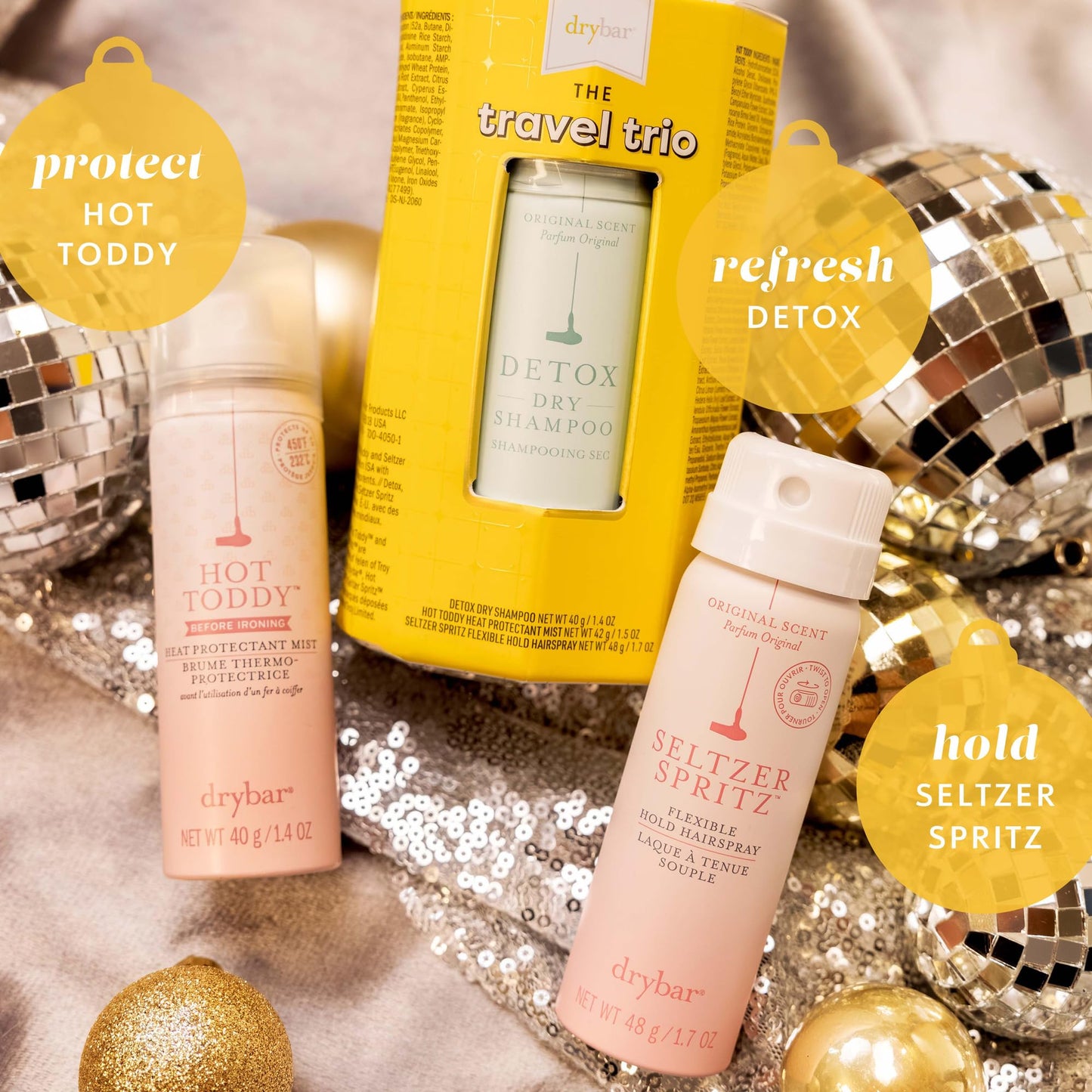 Drybar Travel Trio Kit | Protect, Refresh, and Hold | Hot Toddy Heat Protectant, Detox Dry Shampoo, and Seltzer Spritz Hairspray | Travel Size