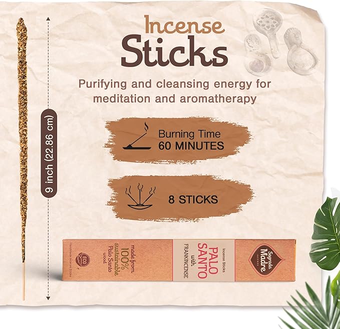 8pcs Wildly Harvested Thick Palo Santo Incense Sticks (Frankincense), 9” Long - Eco Friendly, Non-Toxic, Aromatic Incense Sticks (1hr Burning Time) to Heal & Calm Your Body & Environment