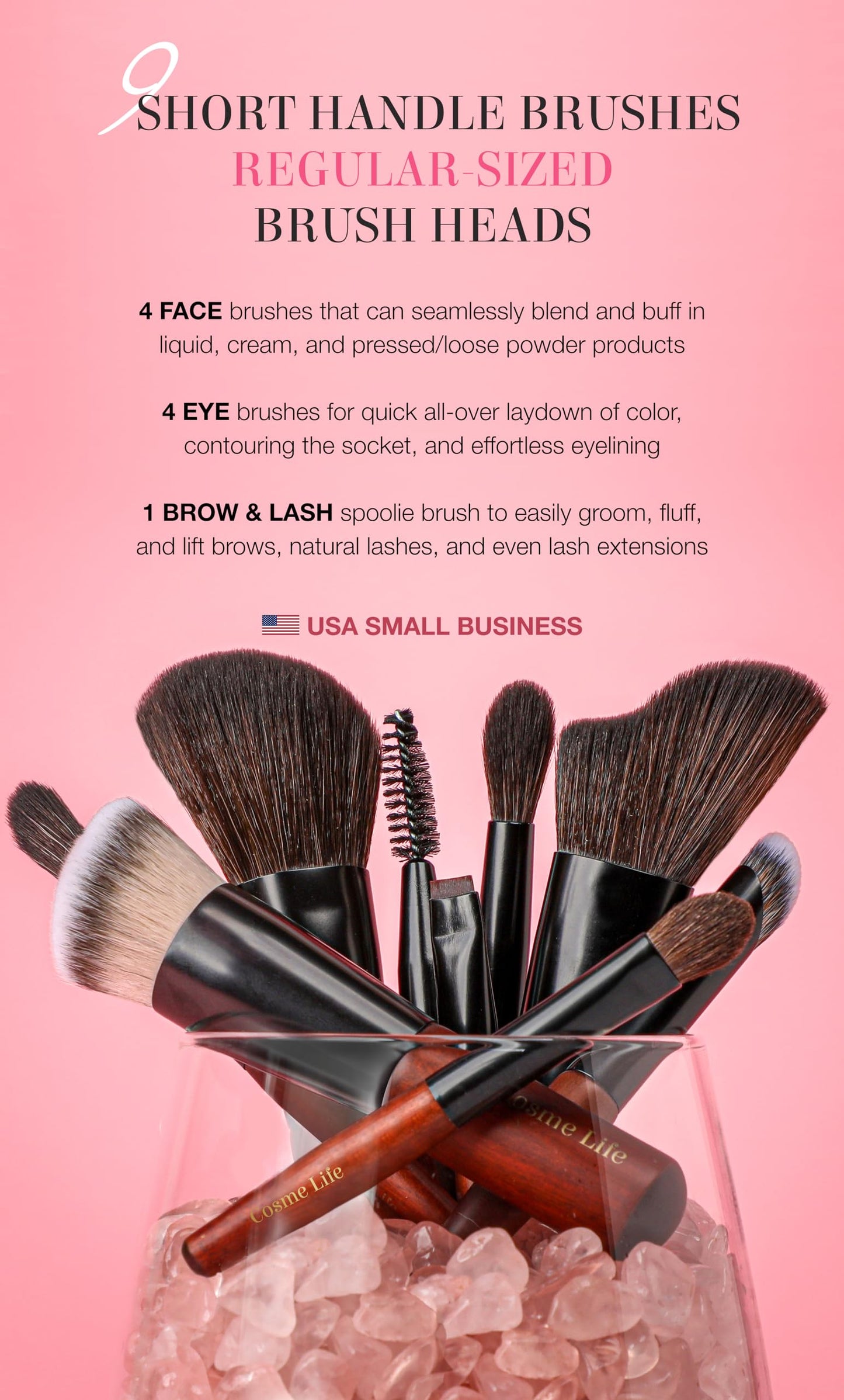 Cosme 9 FLAWLESS FACE MINI TRAVEL Makeup Brush Set: Foundation, Eyeshadow, Blush, Contour, Powder Mini Makeup Brush Set & Case. Synthetic & Natural Hair Makeup Brushes with Compact Short Handles