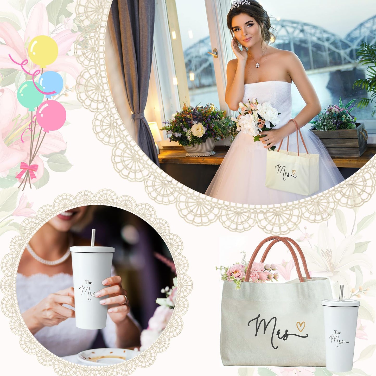 Reallnaive 2 Pcs The Mrs Tumbler & Tote Bag Gift Set, Mrs 2025 Bride Gifts 17 oz Stainless Steel Bridal Tumbler with Lid & Straw, Large Bridal Travel Totes for Women Bride Gifts, Wedding, Engagements