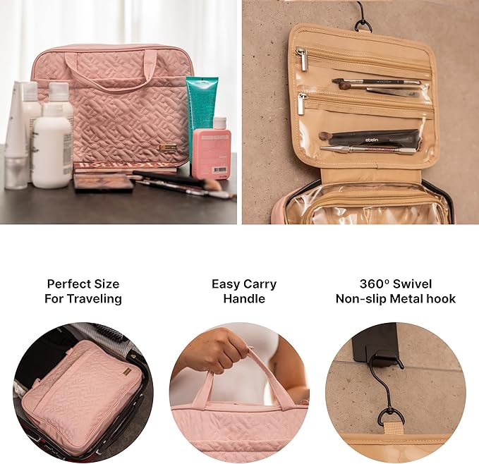 Carrywell |Not Made In China| Hanging Toiletry Travel Bag For Women, Makeup Organizer Case, Water-Resistant Cosmetic Bag For Full-size Containers, Toiletries (Pink, Medium)