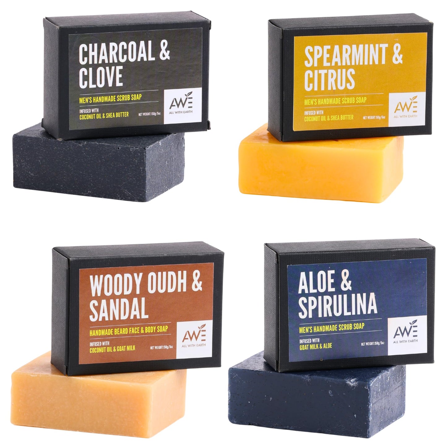 All With Earth Men’s Moisturizing Scrub Soap Set of 4 Handmade Natural Bars Rugged Masculine Scents Deep Cleanse Hydrate Nourish Face Beard Body (Option 1)