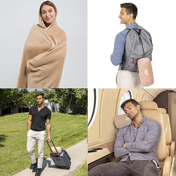 BlueHills Travel Blanket Pillow Rolled Premium Soft Plush Airplane Throw Traveler Essentials Gift Compact in a Bag 70X48 inches Long Car Plane Flight Portable Beige R06