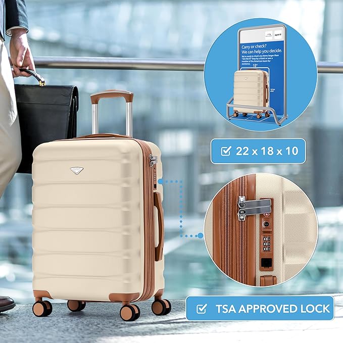 Carry On Suitcase Hardside TSA Lock & USB Port Silent Double Spinner Wheels Maximum Overhead Carry-On Bag Approved For Many Airlines( 22x18x10" ,Cream/Tan )