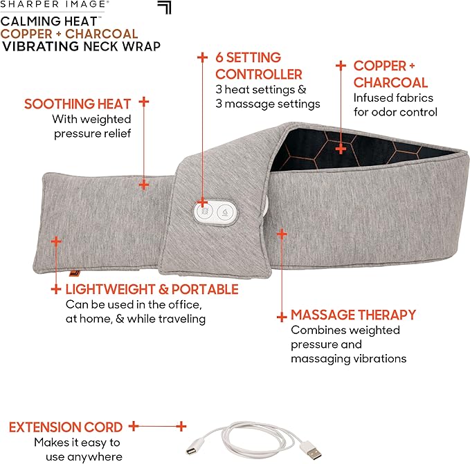 Calming Heat Neck Wrap by Sharper Image Copper & Charcoal Infused Personal Electric Neck Heating Pad with Vibrations, 3 Heat & 3 Vibration Settings- 9 Relaxing Combinations