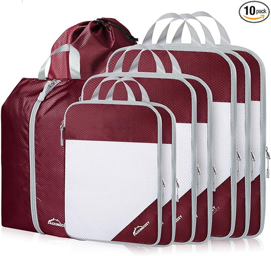 Compression Packing Cubes, 9 Set Packing Cubes for Travel Compression, Lightweight Compressible Package Organizer for Carry On and Suitcases, Wine