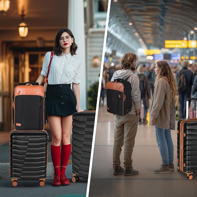 5-Piece Lightweight Luggage with Backpack Sets, ABS+PC Hard Shell Suitcase with TSA Lock & YKK Zipper (Black Brown, 20in/24in/28in/BP/TB)