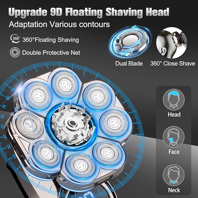 9D Electric Head Shaver for Bald Men, Upgraded 5-in-1 Head Shaver for Bald Men, Waterproof Wet/Dry Grooming Kit Electric Shaver for Men, Cordless Rechargeable Bald Head Razor for Home&Travel