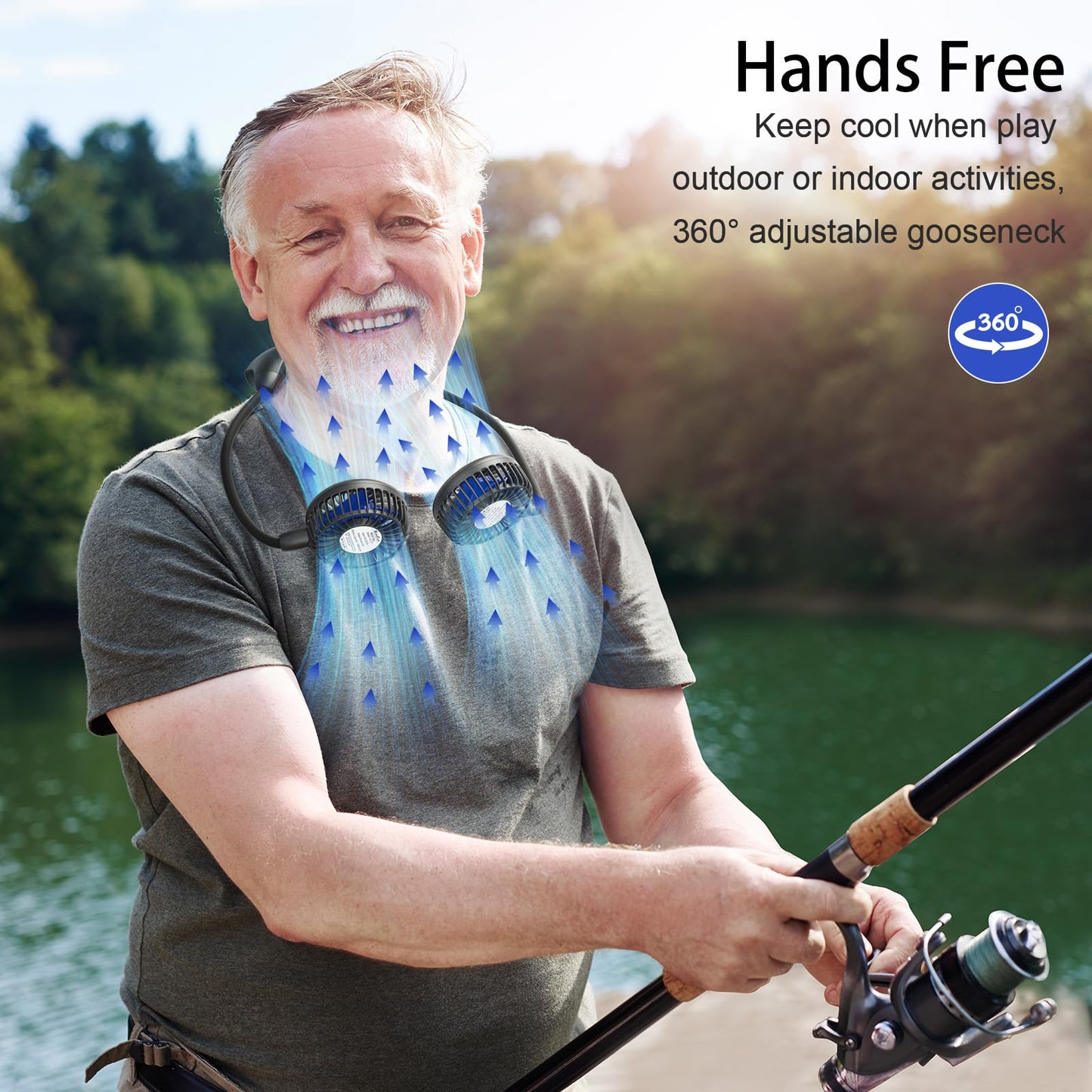 HandFan 10000mAh Portable Neck Fan Rechargeable, 48Hrs Long-Lasted Wearable Personal Fans, Hands Free Necklace Fans, Hanging Cooling Fan for Travel, Hiking, Fishing, Gifts for Women Men