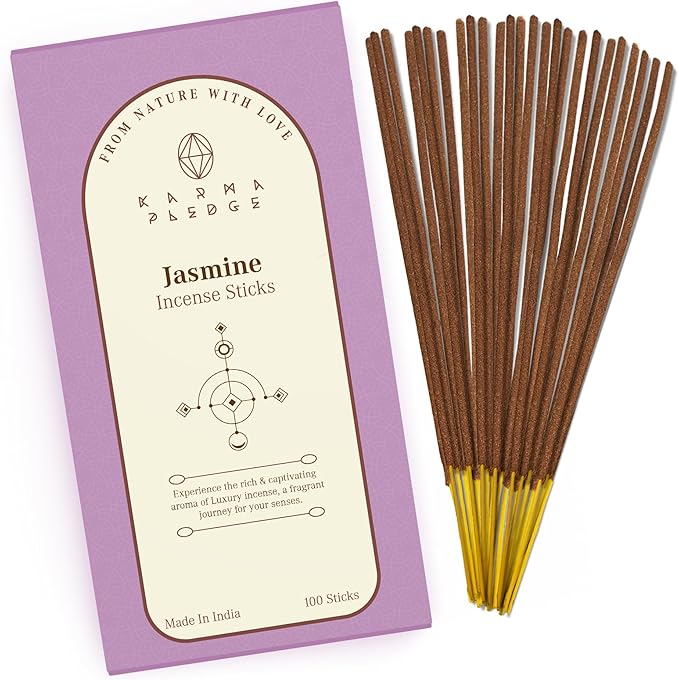 Jasmine Incense Sticks, Organic Hand Dipped 100 Sticks with Natural Herbs & Aromatic Ingredients, Burn Time 45 to 60 Minutes, Incense for Positivity, Yoga, Meditation, Relaxation, Spiritual Gift