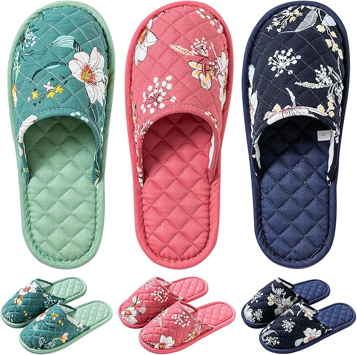 3 Pairs Floral Cotton House Slippers for Women, Open Toe Indoor Slippers Comfortable Washable Portable Foldable Guest Travel Hotel Airplane Spa Slippers