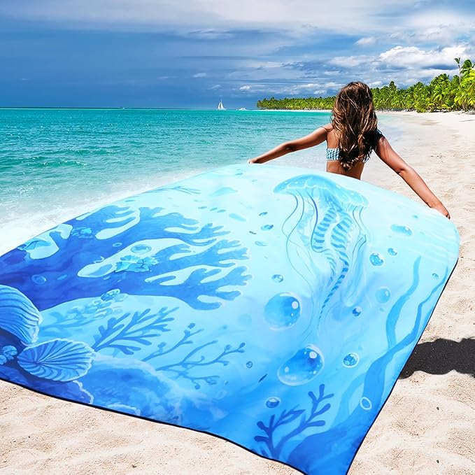 Beach Blanket Waterproof Sandproof Beach Mat 79" X 83"/10'x9'for 2-8 Adults Quick Drying Outdoor Picnic Mat Beach Accessories for Travel, Camping, Hiking