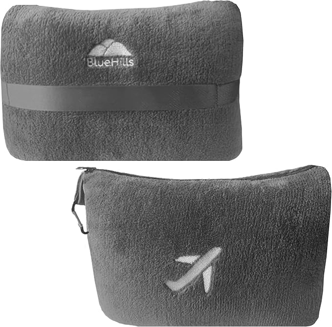 BlueHills Travel Blanket Pillow in Mini Soft Case Premium Plush Airplane Blanket Soft Bag Compact Pack with Luggage Belt and Backpack Clip Small Lightweight Traveling Plane Essentials - Grey Gray M01