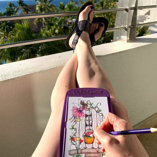 Colorpockit Coloring Kit Travel Art Set with Colored Pencils, 4x6 Coloring Cards, Built in Sharpener, Mess Free Trip Activities for Airplanes or Car, 8.5 x 5, 28 Pieces