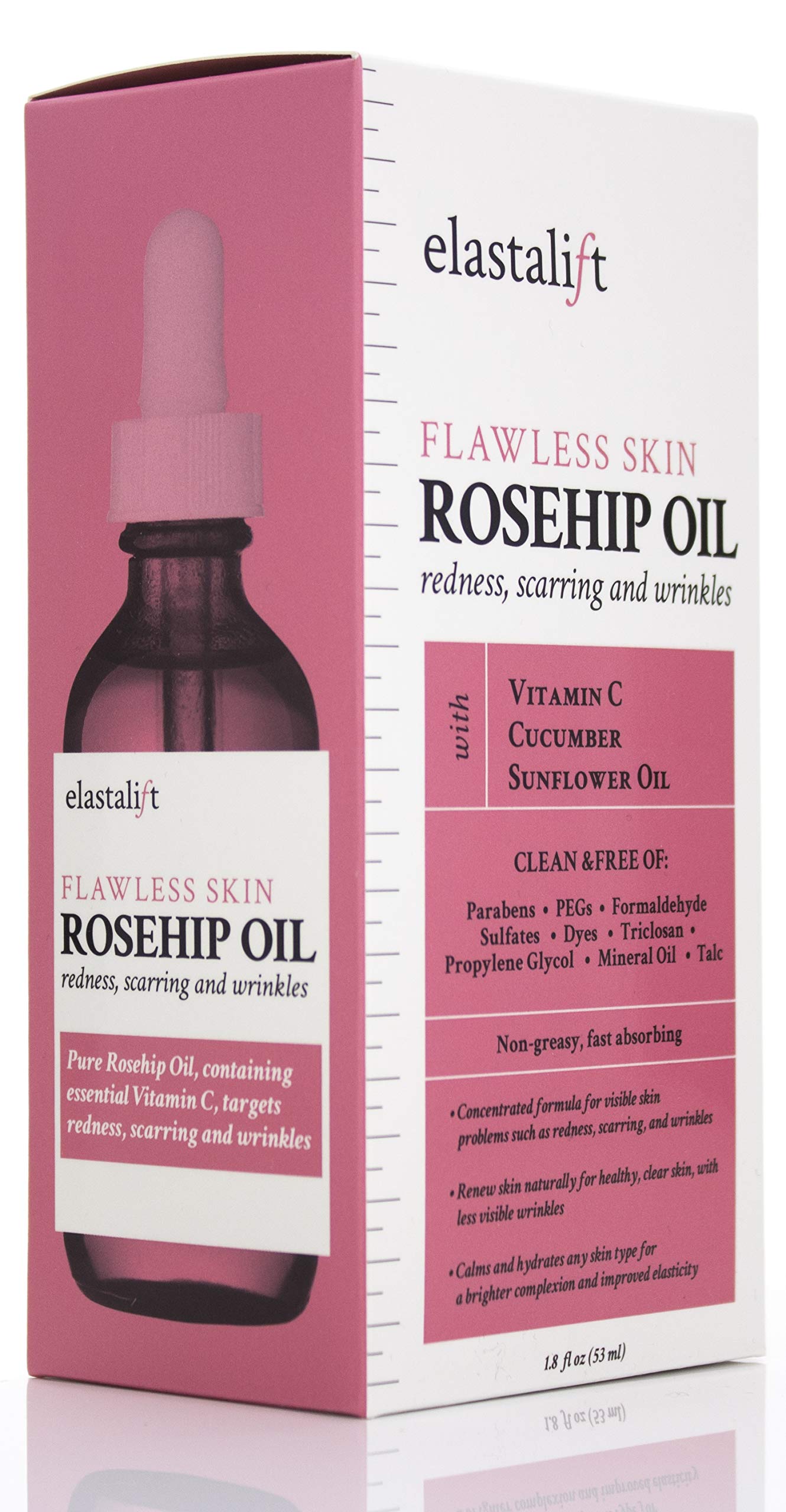 Elastalift Rosehip Oil for face with Vitamin C and Cucumber. Pure Rosehip face oil helps with Wrinkles, Scarring, and Redness for a brighter skin complexion. 1.8 Fl Oz
