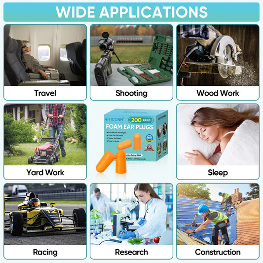 TICONN 100 Pairs Ear Plugs, 32dB Noise Reduction Earplugs for Sleeping Hearing Protection Travel Study Concentration Construction Site (100 Pairs)