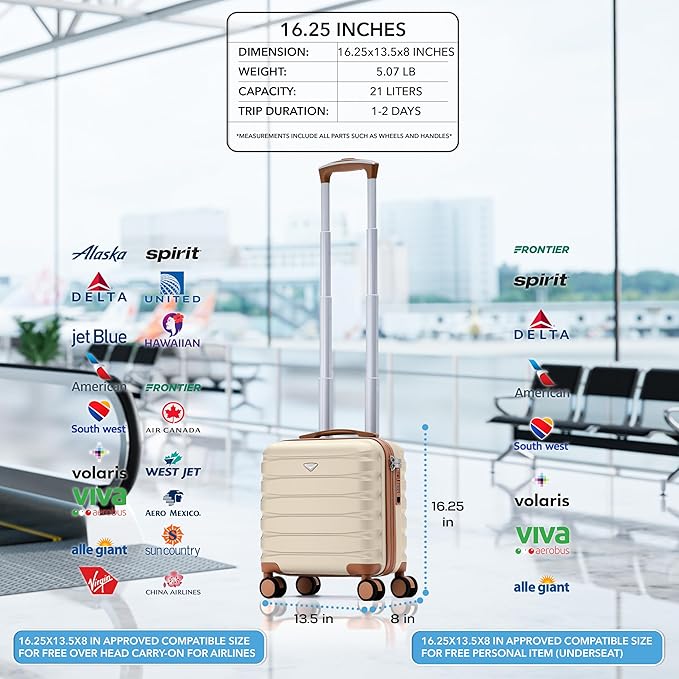 Carry On Suitcase Hardside TSA Lock & USB Port Silent Double Spinner Wheels Maximum Underseat Carry-On Bag For Virgin & South West Approved Airlines( 16.25x13.5x8" ,Cream/Tan )