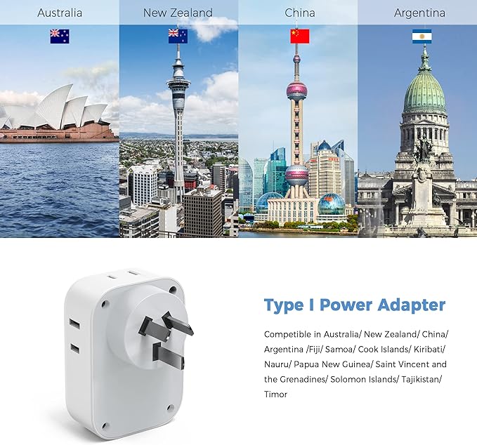 Australia Plug Adapter, TESSAN Australian Power Adaptor with 4 Outlets 3 USB Charging Ports (1 USB C), Type I Travel Plug for US to New Zealand China Argentina Fiji AU, 2 Pack