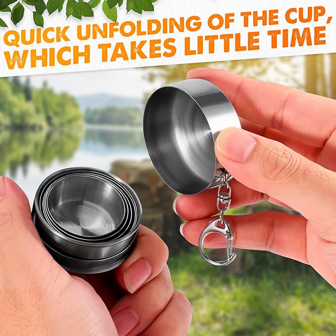 Collapsible Travel Cup with Lid 2.5Oz (75ml) - Leak-Proof Сollapsible Shot Glass Keychain, Highly Portable, Made of Rust & Bend Resistant Stainless Steel - Foldable Cup for Traveling, Fishing, Camping