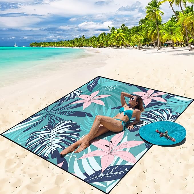 Beach Blanket Waterproof Sandproof Beach Mat 79" X 83"/10'x9'for 2-8 Adults Quick Drying Outdoor Picnic Mat Beach Accessories for Travel, Camping, Hiking